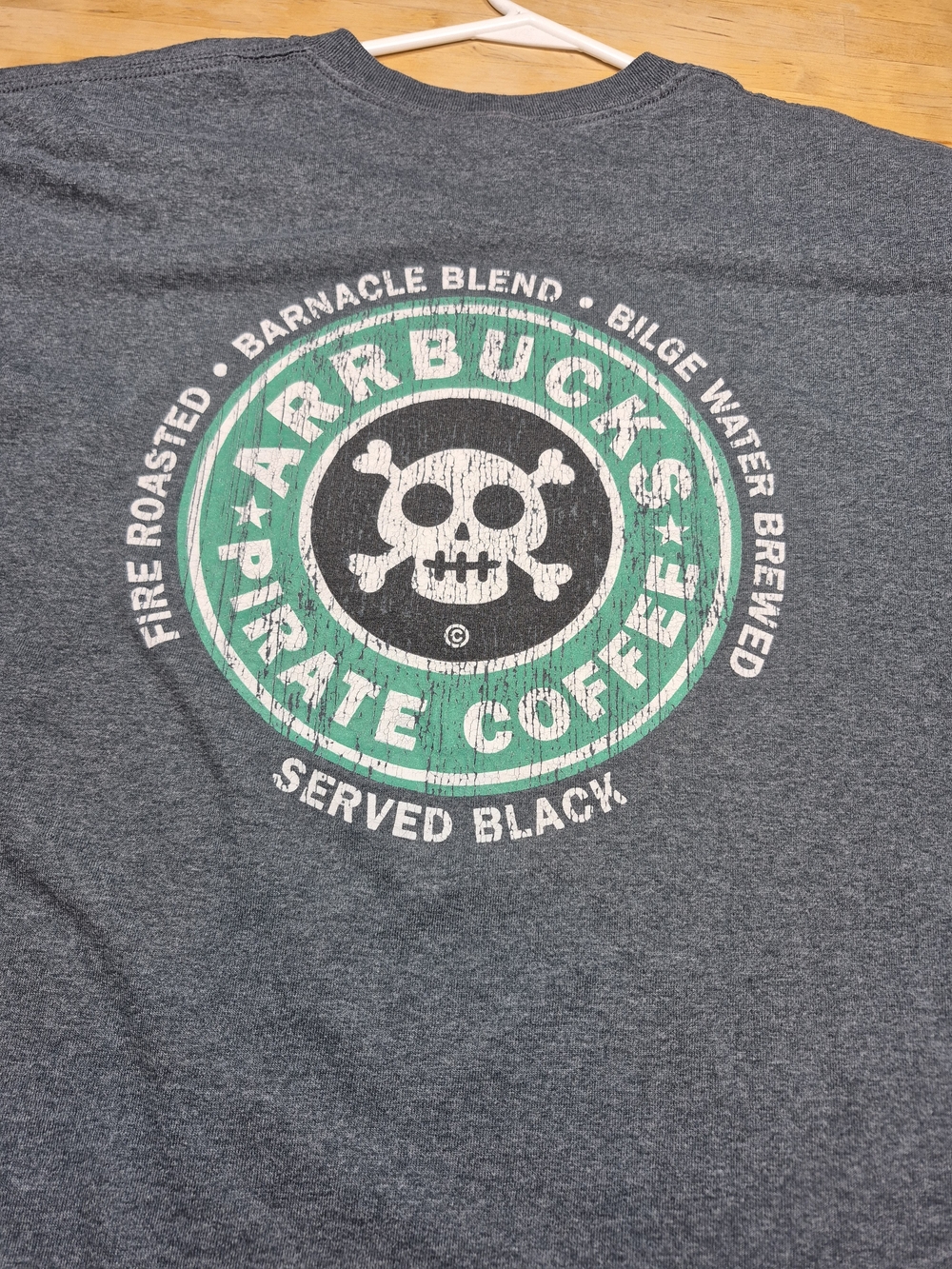 Gildan Dark Heather Gray Pirate Coffee Graphic Tee with Green Logo